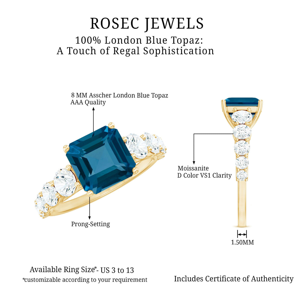 Asscher cut London Blue Topaz solitaire engagement ring with Moissanite, set in a silver band, from Rosec Jewels.