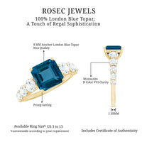Asscher cut London Blue Topaz solitaire engagement ring with Moissanite, set in a silver band, from Rosec Jewels.