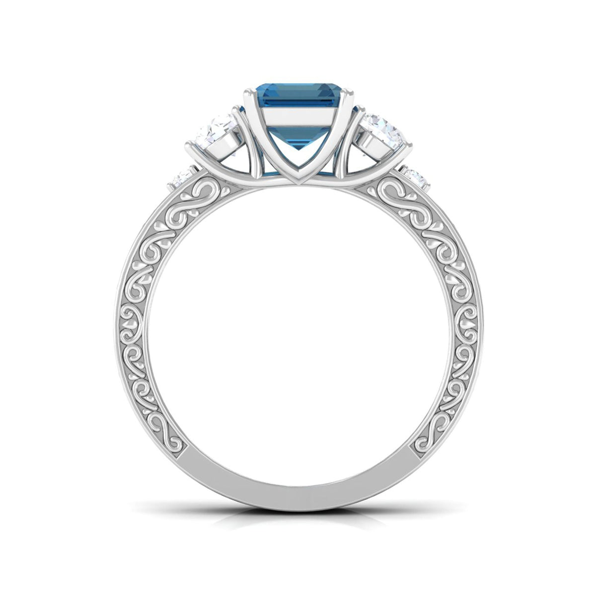 Rosec Jewels emerald cut London Blue Topaz statement ring with engraved shank, showcasing a 6x8mm gemstone on a detailed band.