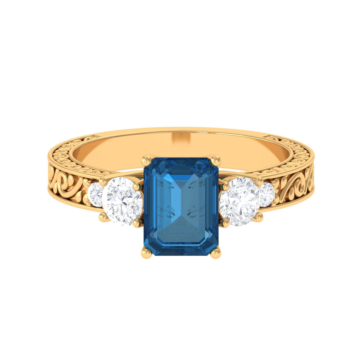 Elegant 6x8mm London Blue Topaz statement ring with engraved shank by Rosec Jewels, showcasing a vibrant emerald cut gemstone.