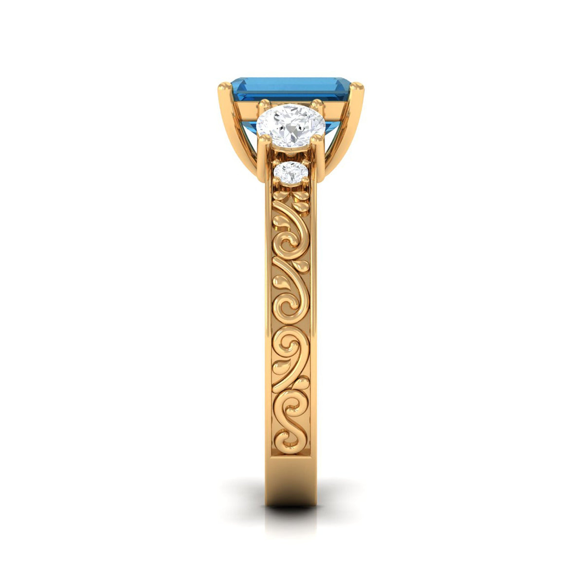 Rosec Jewels emerald cut London Blue Topaz statement ring with engraved shank, featuring 6x8mm blue gemstone and intricate band design.