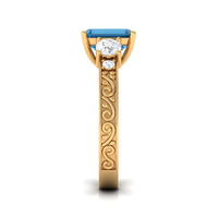 Rosec Jewels emerald cut London Blue Topaz statement ring with engraved shank, featuring 6x8mm blue gemstone and intricate band design.
