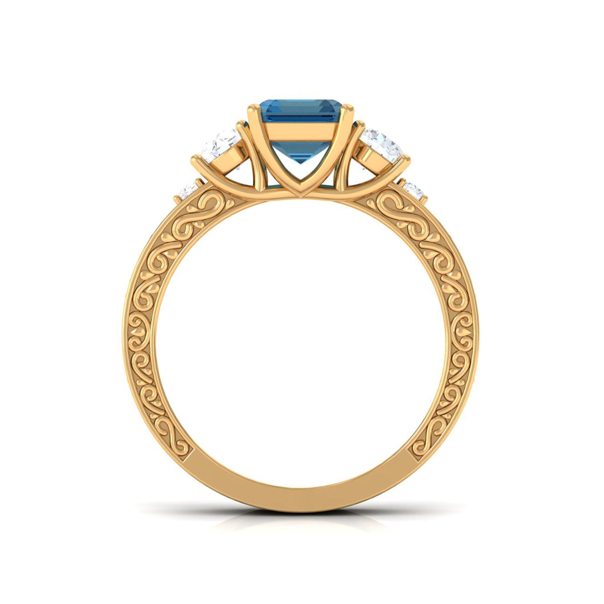 Rosec Jewels emerald cut London Blue Topaz statement ring with engraved shank, showcasing a 6x8mm blue gemstone and intricate band details.