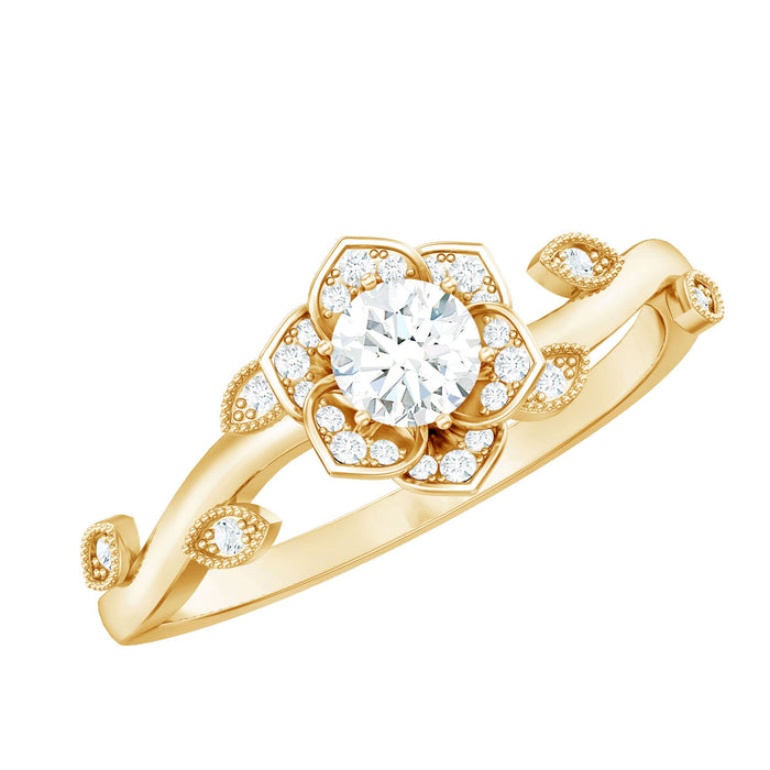 Elegant natural diamond flower engagement ring for women by Rosec Jewels featuring sparkling diamonds and intricate floral design.