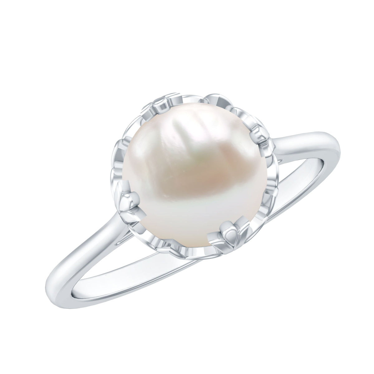 Cultured 7.4 carat freshwater pearl solitaire engagement ring with a silver band, designed by Rosec Jewels.