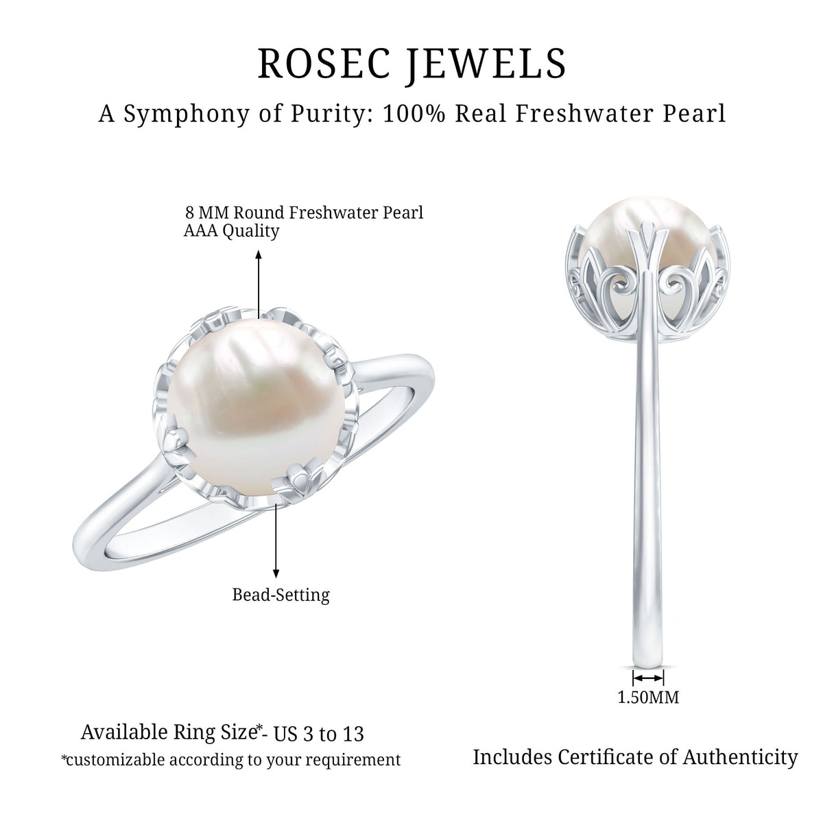Cultured 7.4 carat freshwater pearl solitaire engagement ring featuring a silver band, designed by Rosec Jewels.