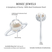 Cultured 7.4 carat freshwater pearl solitaire engagement ring featuring a silver band, designed by Rosec Jewels.