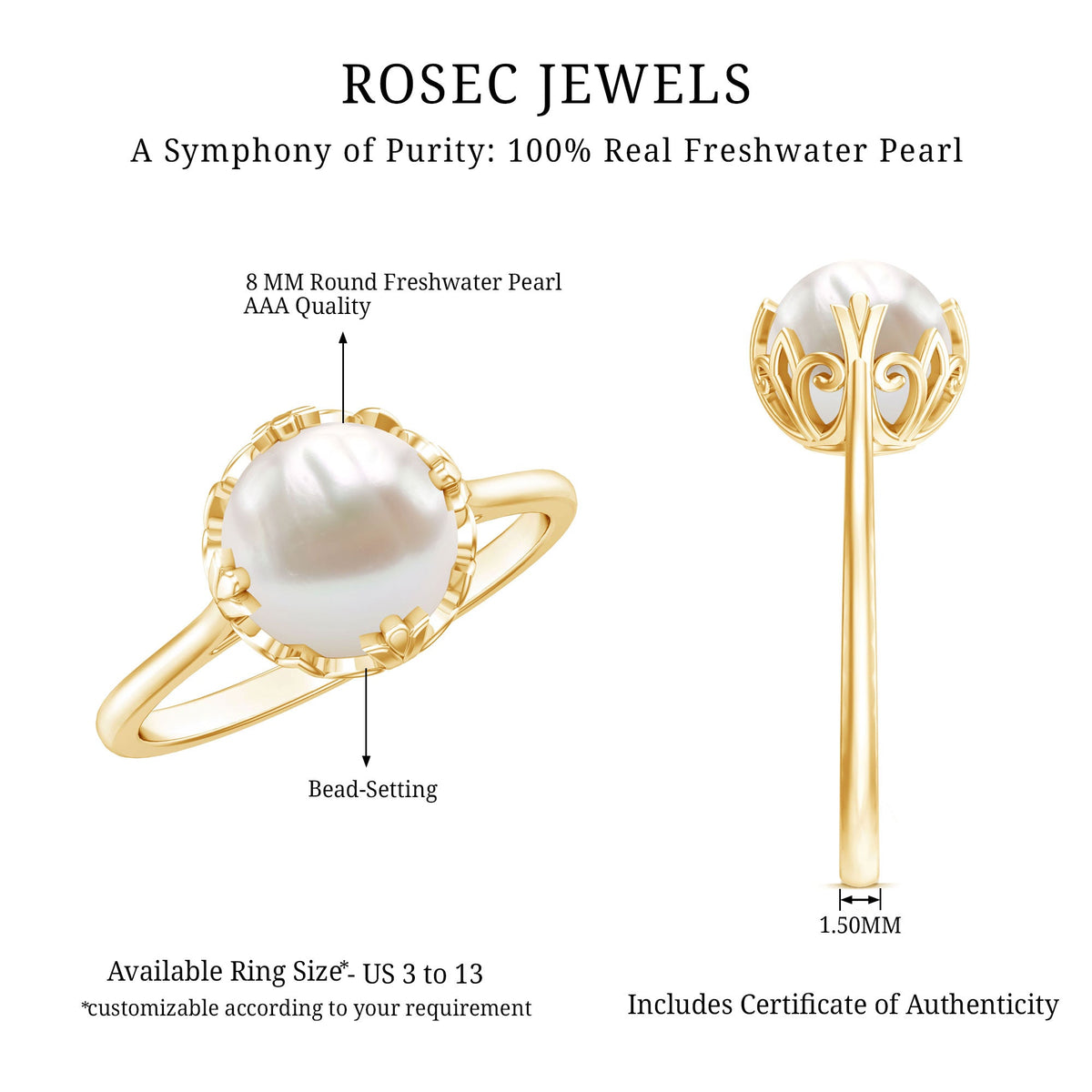 Rosec Jewels cultured 7.4 carat freshwater pearl solitaire engagement ring with a classic band, showcasing a lustrous pearl centerpiece.