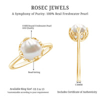Rosec Jewels cultured 7.4 carat freshwater pearl solitaire engagement ring with a classic band, showcasing a lustrous pearl centerpiece.