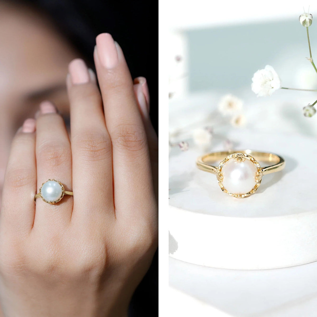Rosec Jewels freshwater pearl solitaire engagement ring featuring a 7.4 carat cultured pearl on a sleek ring band.