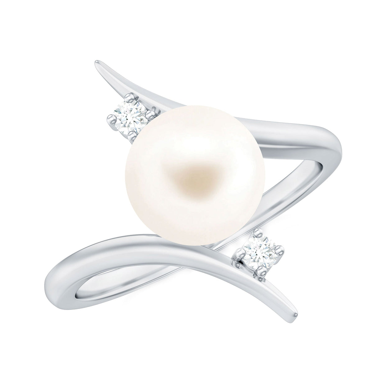 Rosec Jewels cultured 7.4 carat freshwater pearl engagement ring with diamond bypass shank, featuring elegant ring design.