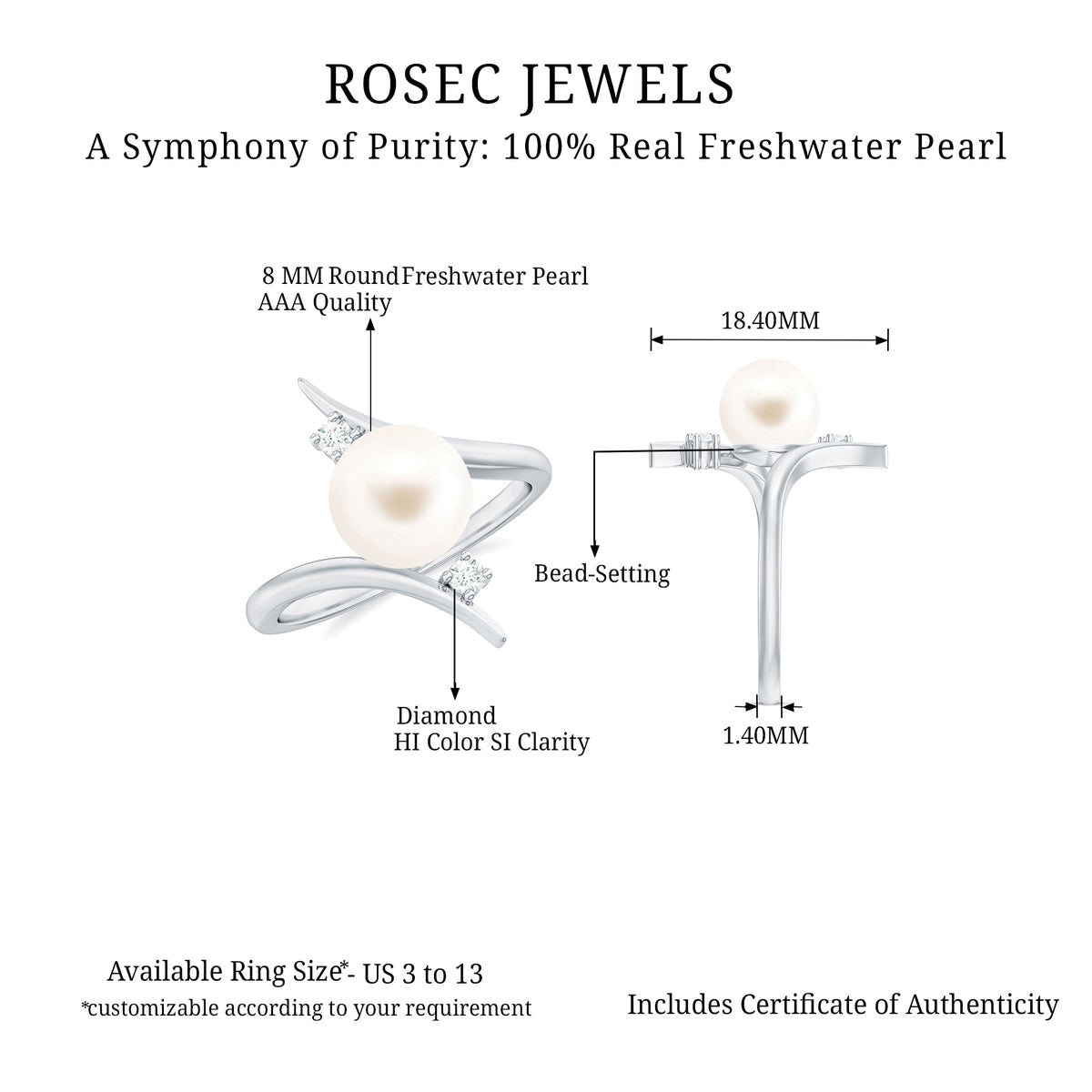 Cultured 7.4 carat freshwater pearl engagement ring with diamond bypass shank, featuring elegant rose gold band and intricate design.