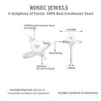 Cultured 7.4 carat freshwater pearl engagement ring with diamond bypass shank, featuring elegant rose gold band and intricate design.