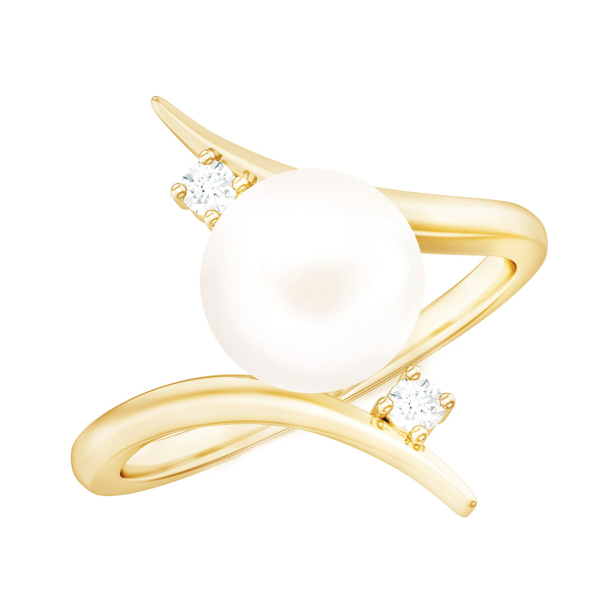 Rosec Jewels cultured 7.4 carat freshwater pearl engagement ring with diamond bypass shank, showcasing elegant ring design and craftsmanship.