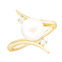Rosec Jewels cultured 7.4 carat freshwater pearl engagement ring with diamond bypass shank, showcasing elegant ring design and craftsmanship.