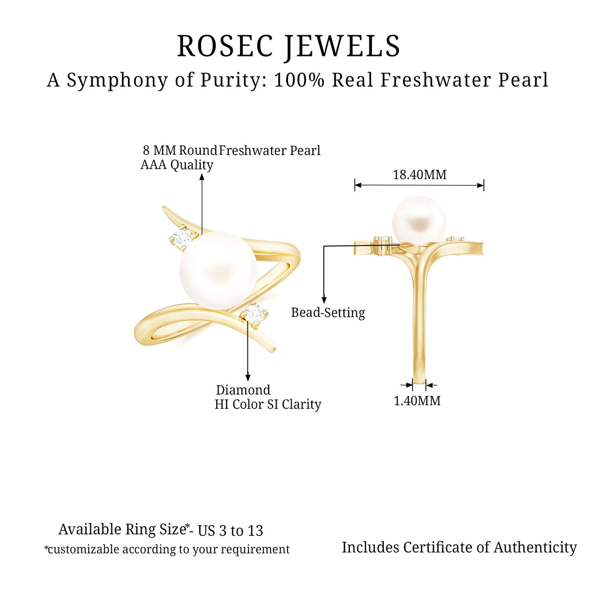 Cultured 7.4 carat freshwater pearl engagement ring by Rosec Jewels featuring a diamond bypass shank and elegant design.