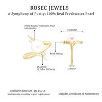 Cultured 7.4 carat freshwater pearl engagement ring by Rosec Jewels featuring a diamond bypass shank and elegant design.