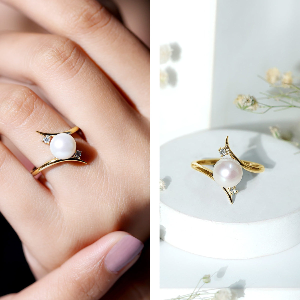 Rosec Jewels cultured 7.4 carat freshwater pearl engagement ring with diamond bypass shank, showcasing elegant design and sparkling accents.
