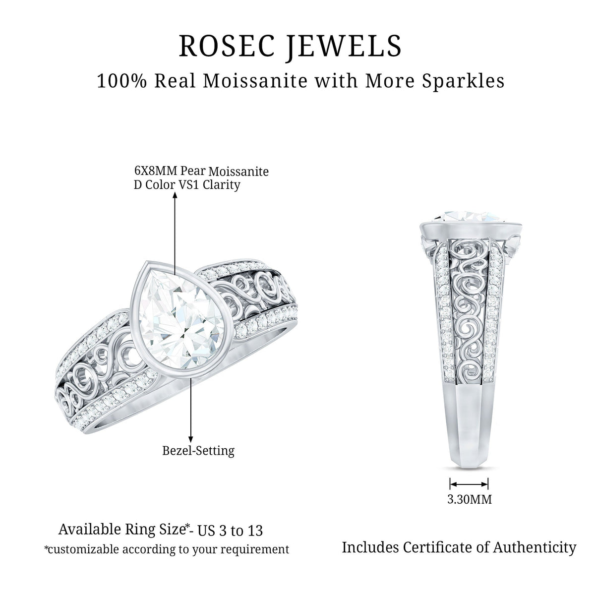 Bezel Set Moissanite Pear Engagement Ring with Filigree Details