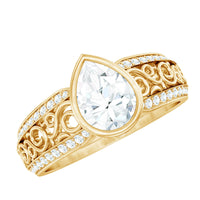 Bezel Set Moissanite Pear Engagement Ring with Filigree Details