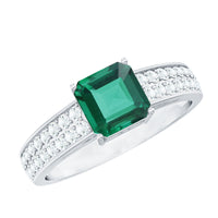 6 Carat Princess Cut Lab Created Emerald Engagement Ring with Diamond Side Stones