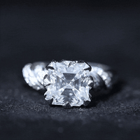 3 Carat Asscher cut Moissanite solitaire engagement ring with petal prong setting from Rosec Jewels, showcasing the sparkling center stone.