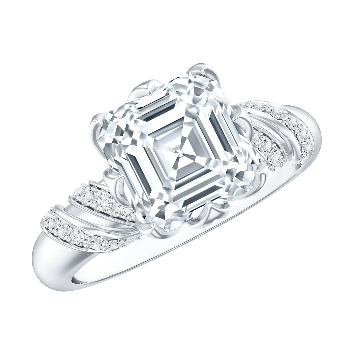 Asscher cut 3 carat moissanite solitaire engagement ring in petal prong setting with a sleek band, elegant and sparkling jewelry piece.