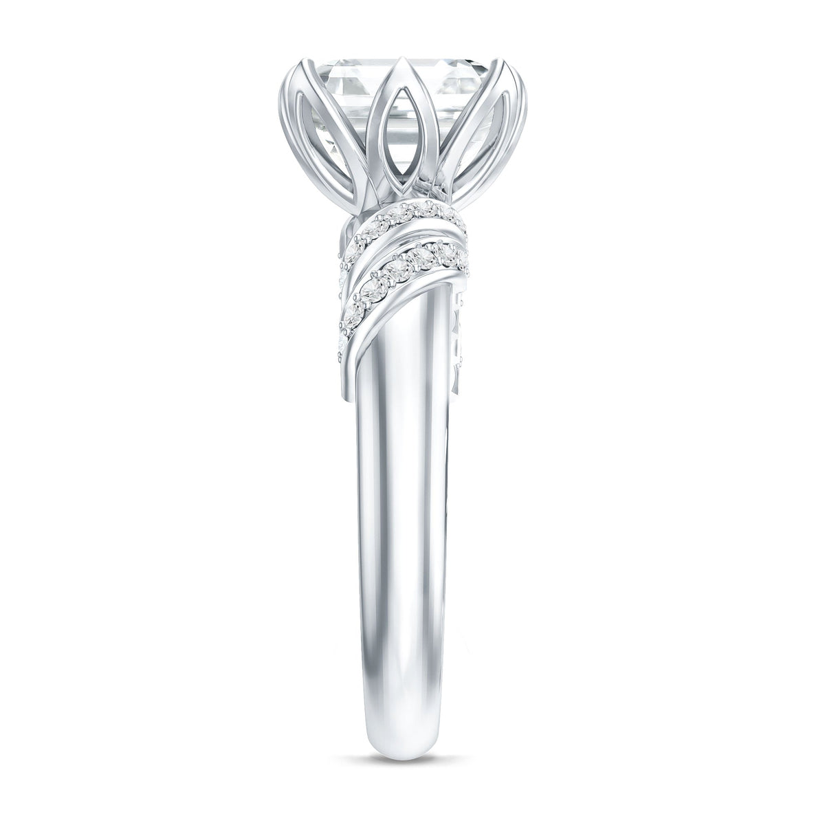 Asscher cut 3 carat moissanite solitaire engagement ring in petal prong setting with a Rosec Jewels logo on the band.