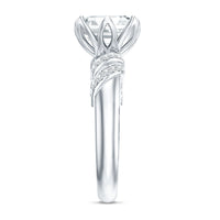Asscher cut 3 carat moissanite solitaire engagement ring in petal prong setting with a Rosec Jewels logo on the band.