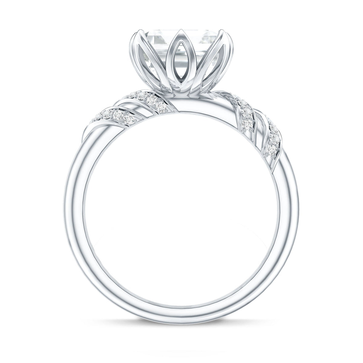 Asscher cut 3 carat moissanite solitaire engagement ring with petal prong setting, featuring a sparkling center stone and elegant design.