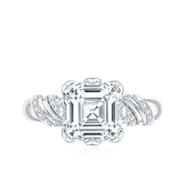 Asscher cut 3 carat moissanite solitaire engagement ring with petal prong setting by Rosec Jewels.