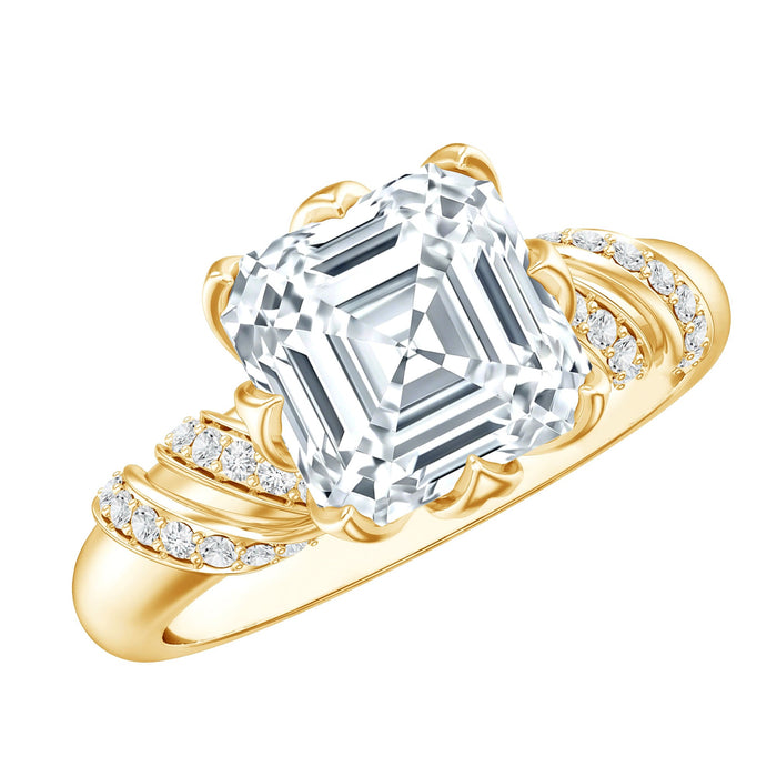 Asscher cut 3-carat moissanite solitaire engagement ring with petal prong setting by Rosec Jewels.