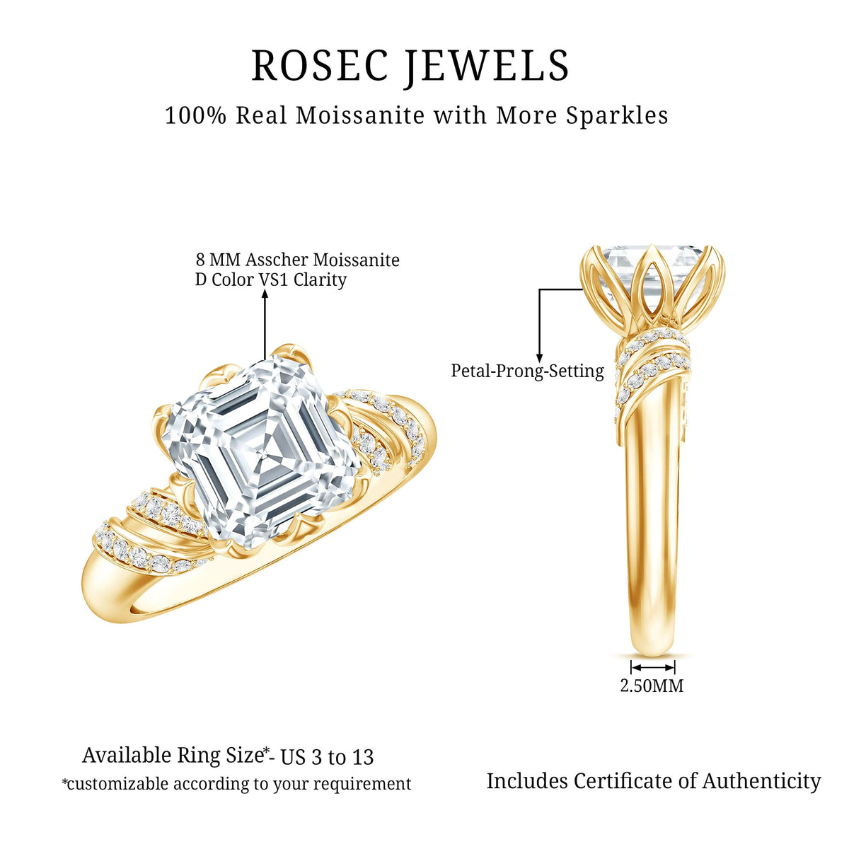 Asscher cut 3 carat moissanite solitaire engagement ring with petal prong setting from Rosec Jewels.