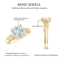 Asscher cut 3 carat moissanite solitaire engagement ring with petal prong setting from Rosec Jewels.
