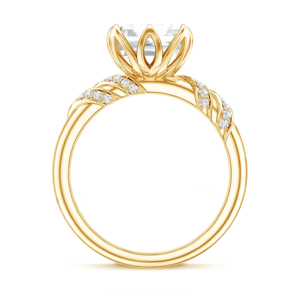 Asscher cut 3-carat moissanite solitaire engagement ring with petal prong setting, showcasing a sparkling center stone and elegant band.