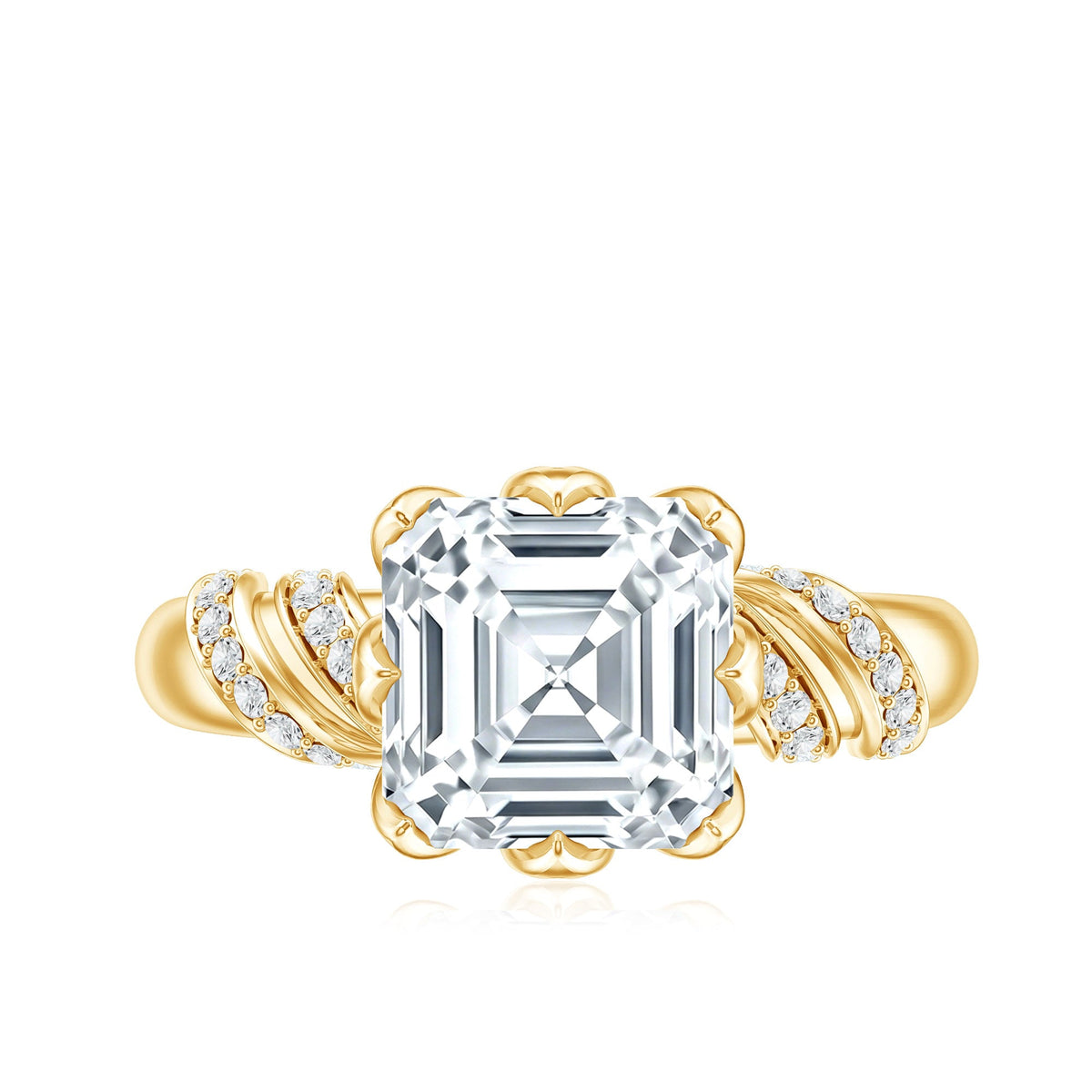 Asscher cut 3 carat moissanite solitaire engagement ring with petal prong setting, showcasing a sparkling center stone and elegant band.