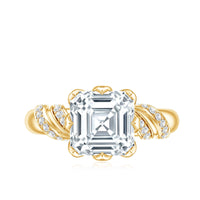 Asscher cut 3 carat moissanite solitaire engagement ring with petal prong setting, showcasing a sparkling center stone and elegant band.