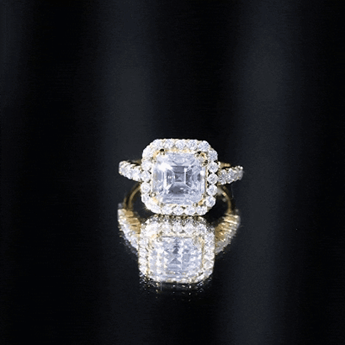 Yellow gold 2.5 carat certified Asscher cut moissanite halo engagement ring by Rosec Jewels, detailed view of the ring design