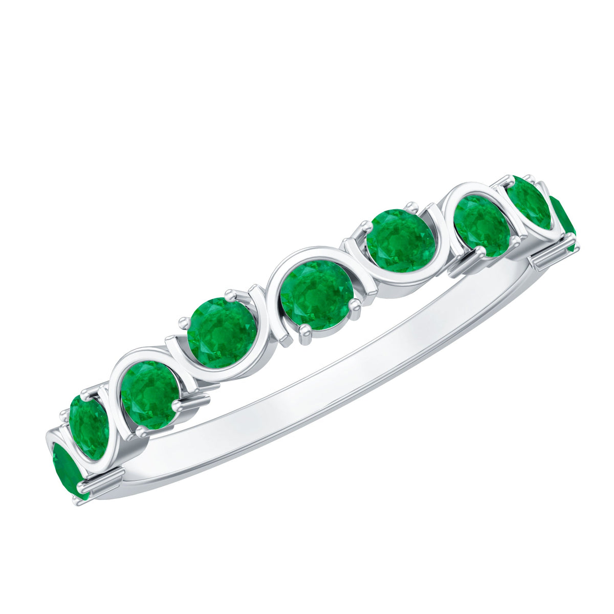 Stackable green emerald ring with half eternity design by Rosec Jewels, featuring a row of vibrant green emeralds on a sleek band.