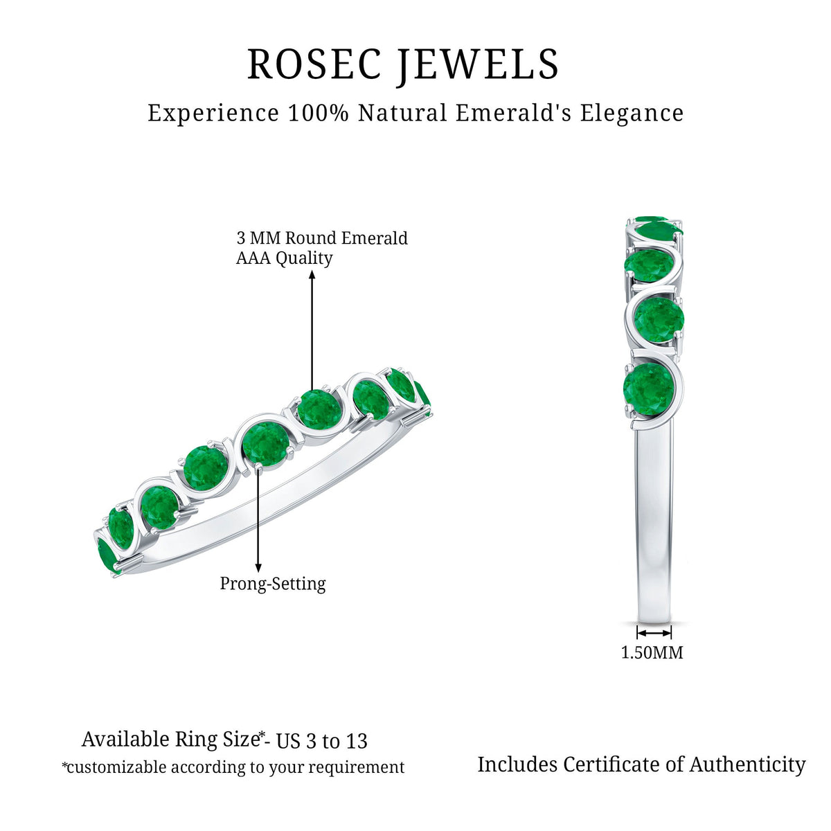 Natural green emerald half eternity stackable ring by Rosec Jewels, featuring alternating emeralds and sleek band design.