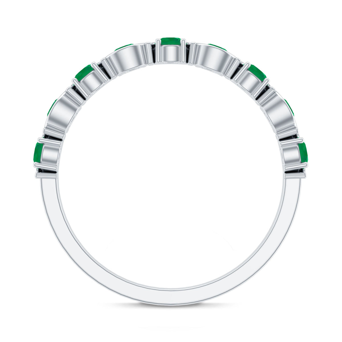 Natural green emerald half eternity ring by Rosec Jewels, featuring a stackable design with vivid emerald gemstones set in a sleek ring.
