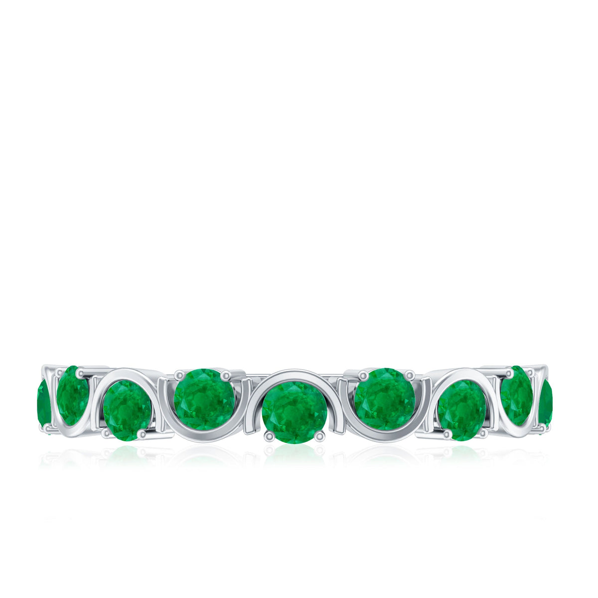 Natural green emerald half eternity stackable ring by Rosec Jewels, featuring a row of vibrant emeralds in a sleek gold band.