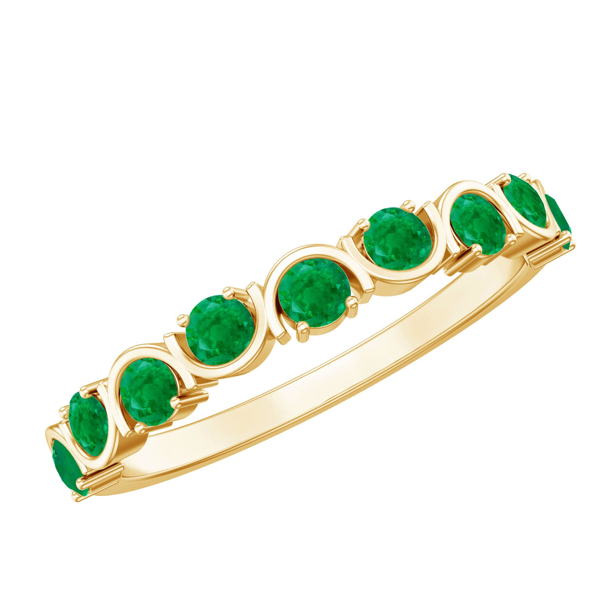 Natural green emerald half eternity stackable ring by Rosec Jewels featuring a row of green emeralds set in a sleek ring band