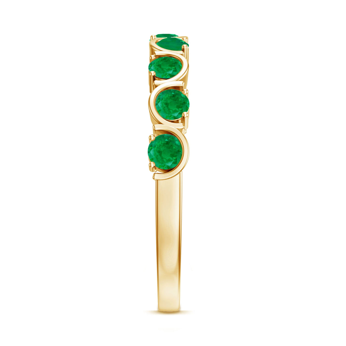 Stackable green emerald half eternity ring by Rosec Jewels featuring a row of vibrant green emeralds set in a sleek gold band.