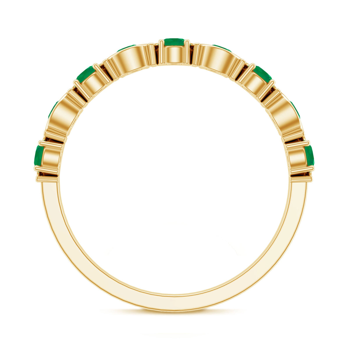 Natural green emerald half eternity stackable ring from Rosec Jewels with a band of emeralds set in silver or gold.