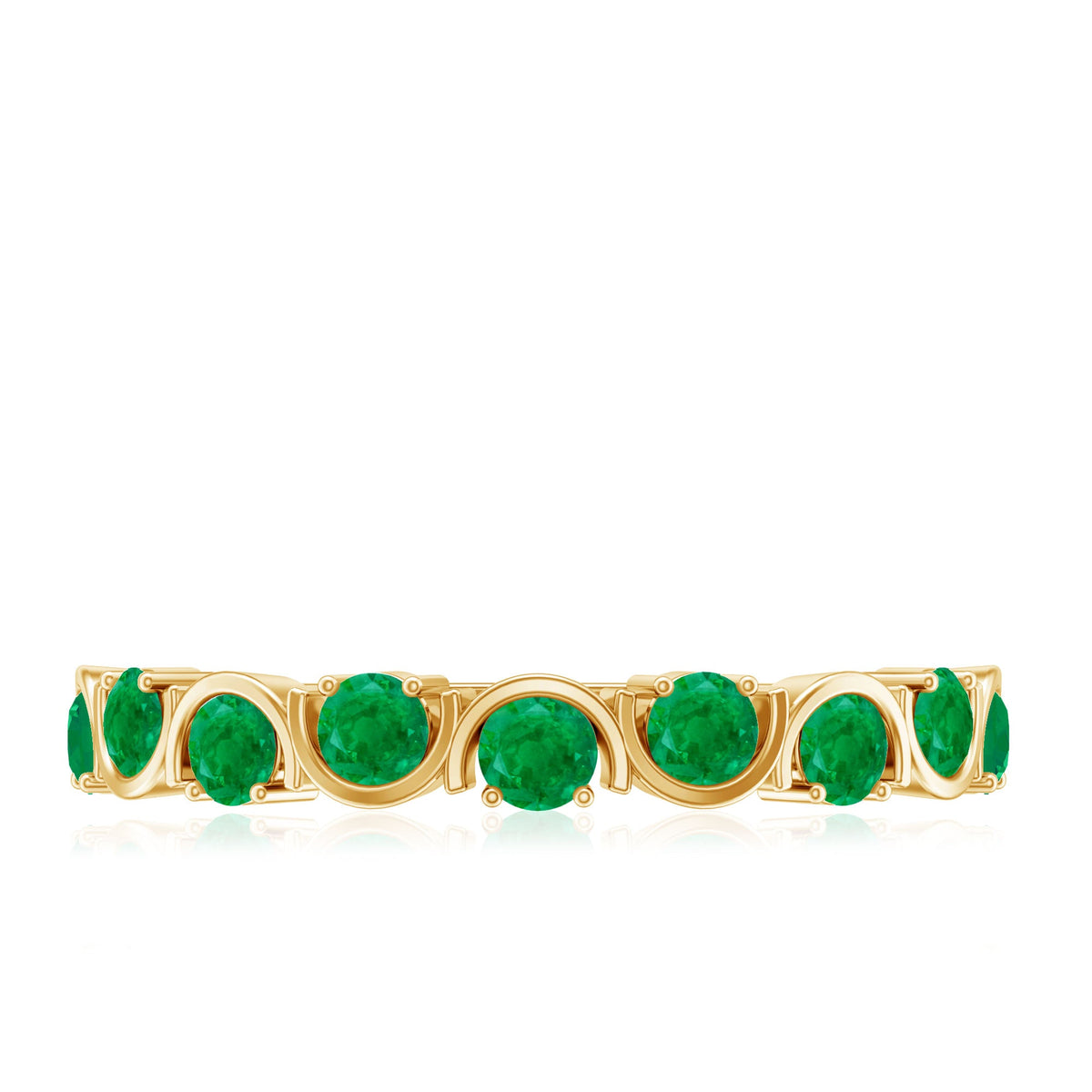 Natural green emerald half eternity stackable ring by Rosec Jewels, featuring a row of vibrant emeralds set in a sleek band.