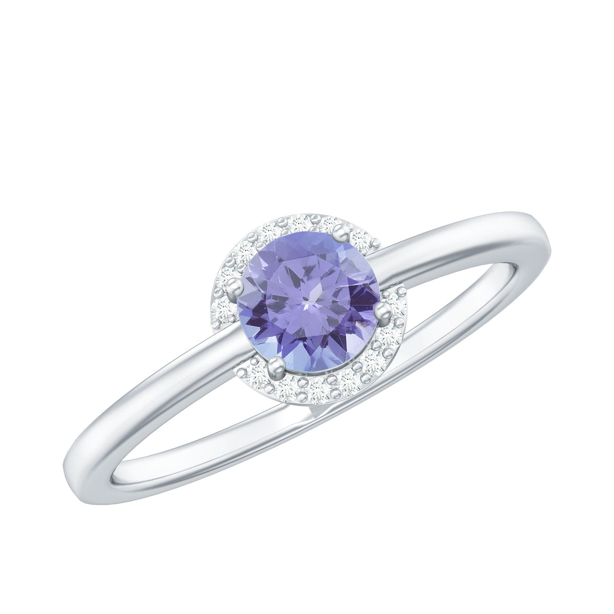 Natural Tanzanite engagement ring with diamond halo from Rosec Jewels, featuring a central tanzanite gemstone surrounded by sparkling diamonds.