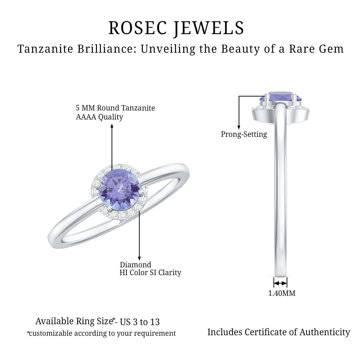 Natural Tanzanite engagement ring with diamond halo by Rosec Jewels, showcasing a central tanzanite gemstone surrounded by sparkling diamonds.