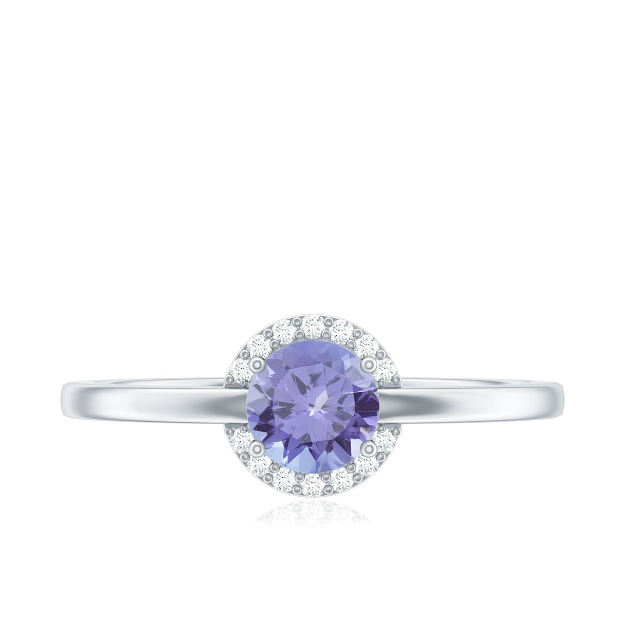 Natural Tanzanite engagement ring with diamond halo by Rosec Jewels, showcasing a central tanzanite stone surrounded by sparkling diamonds.