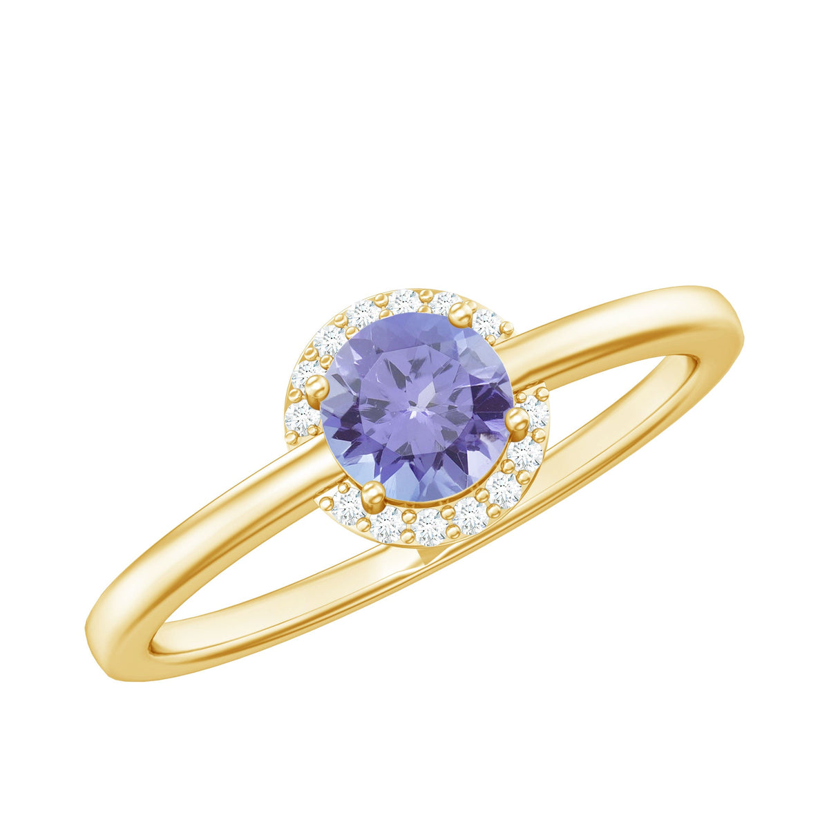 Natural Tanzanite engagement ring with diamond halo featuring a central violet-blue Tanzanite stone and sparkling diamond accents.